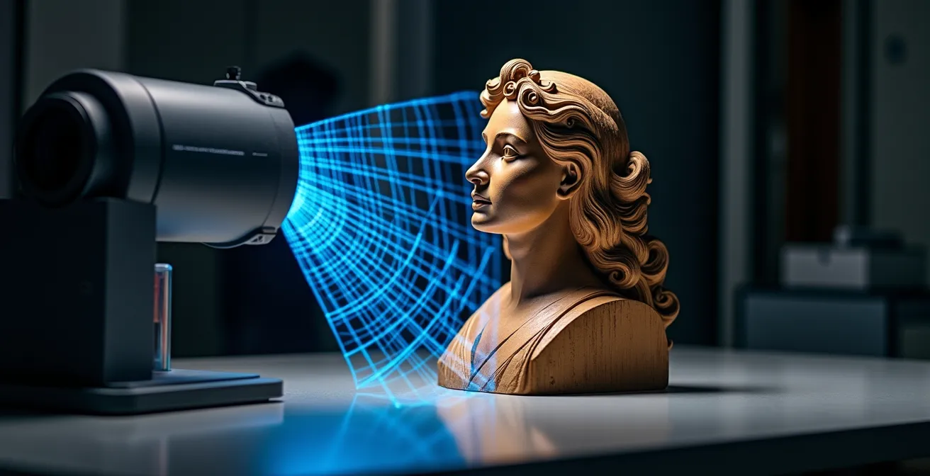 3D-Scanner erfasst präzise die Oberfläche einer barocken Skulptur für die digitale Dokumentation