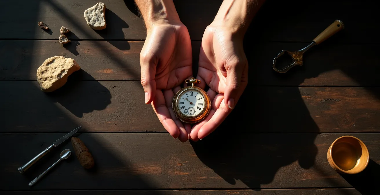 Symbolische Darstellung der schnellen Antiquitätenbewertung durch Expertenhände