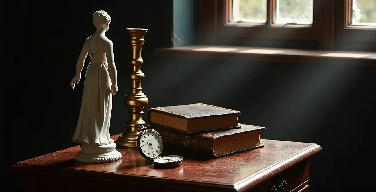 Kunstvolles Arrangement verschiedener Antiquitäten im Abendlicht