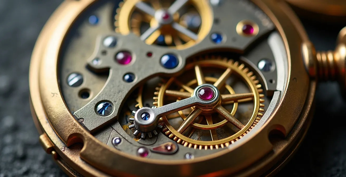 Makroaufnahme des Uhrwerks einer antiken Glashütter Taschenuhr