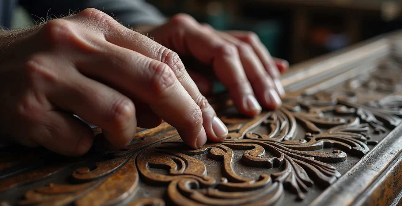 Experte untersucht detailliert eine antike Holzschnitzerei mit Lupe