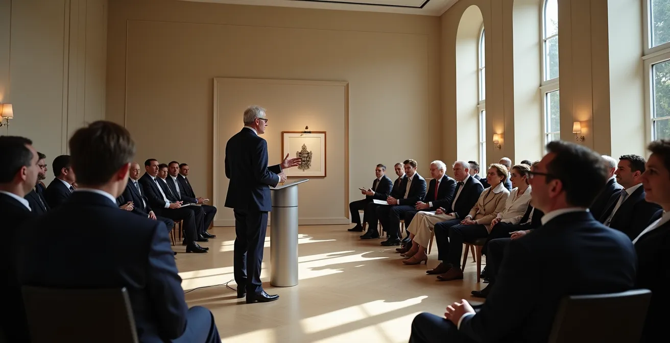 Antiquitätenexperte hält Vortrag vor interessiertem Fachpublikum in elegantem Auktionssaal