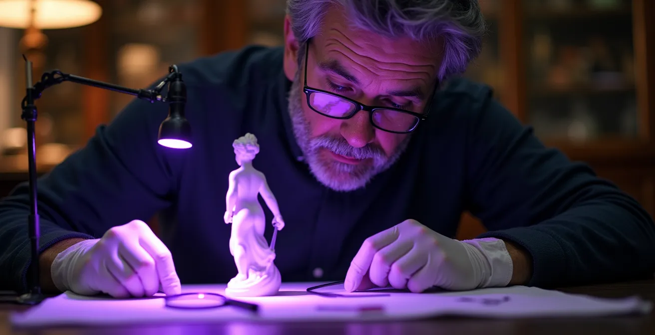 Experte untersucht antike Porzellanfigur mit UV-Licht und Lupe im Auktionshaus