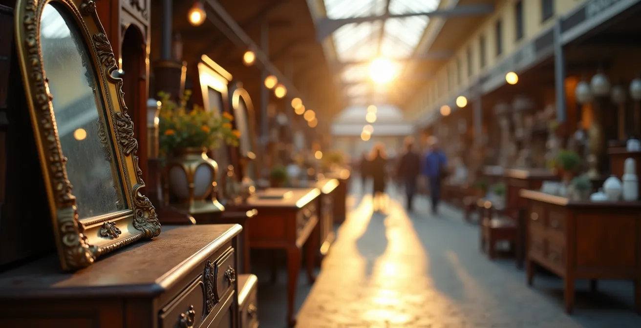 Weitwinkelaufnahme eines deutschen Antikmarkts mit verschiedenen historischen Möbelstücken