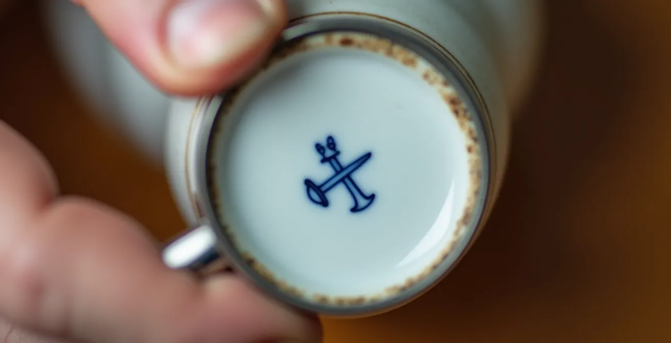 Detailaufnahme einer Hand mit Lupe über antikem Porzellan mit Schwertermarke