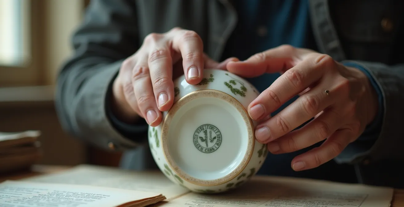Detailaufnahme historischer Porzellanmarken und Archivdokumente