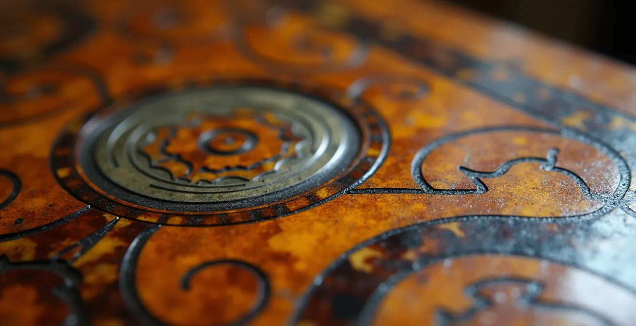 Detailaufnahme einer Augsburger Barock-Marketerie mit Zinn und Schildpatt