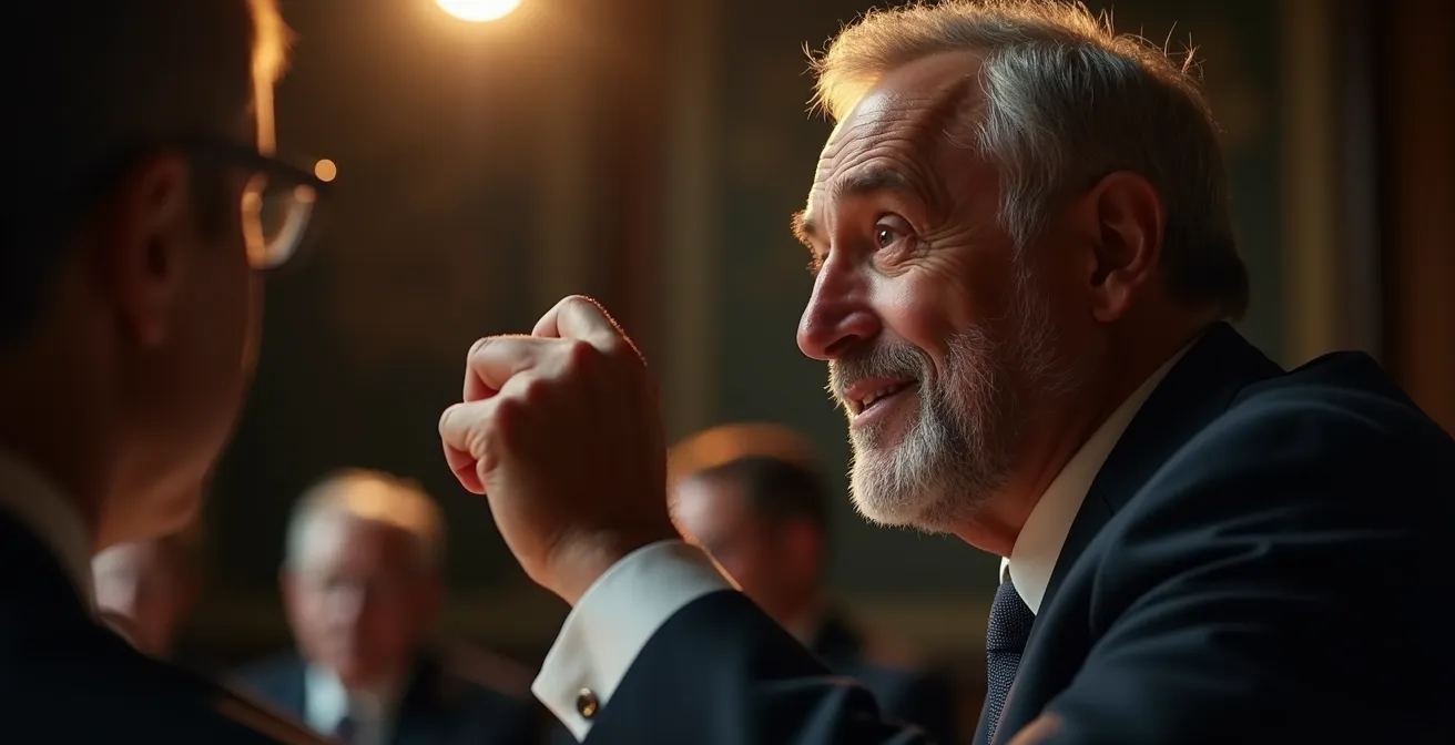 Nahaufnahme eines Auktionators mit Hammer in dramatischer Beleuchtung, der die psychologische Dynamik eines Bietergefechts steuert.