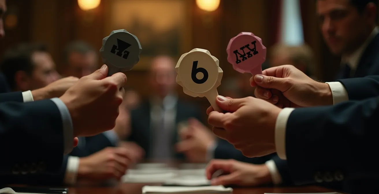 Nahaufnahme von Bieterkarten und gespannten Händen während einer Auktion