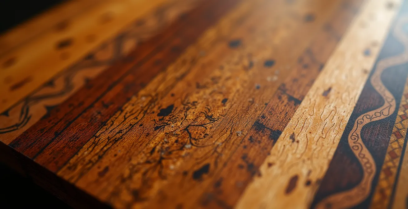 Detailaufnahme verschiedener Furniertechniken vom Barock bis zum Jugendstil