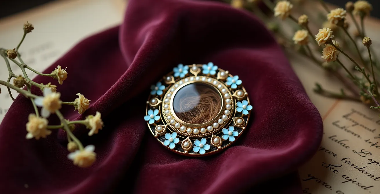 Biedermeier-Brosche mit sentimentalen Blumenmotiven und Haareinlage