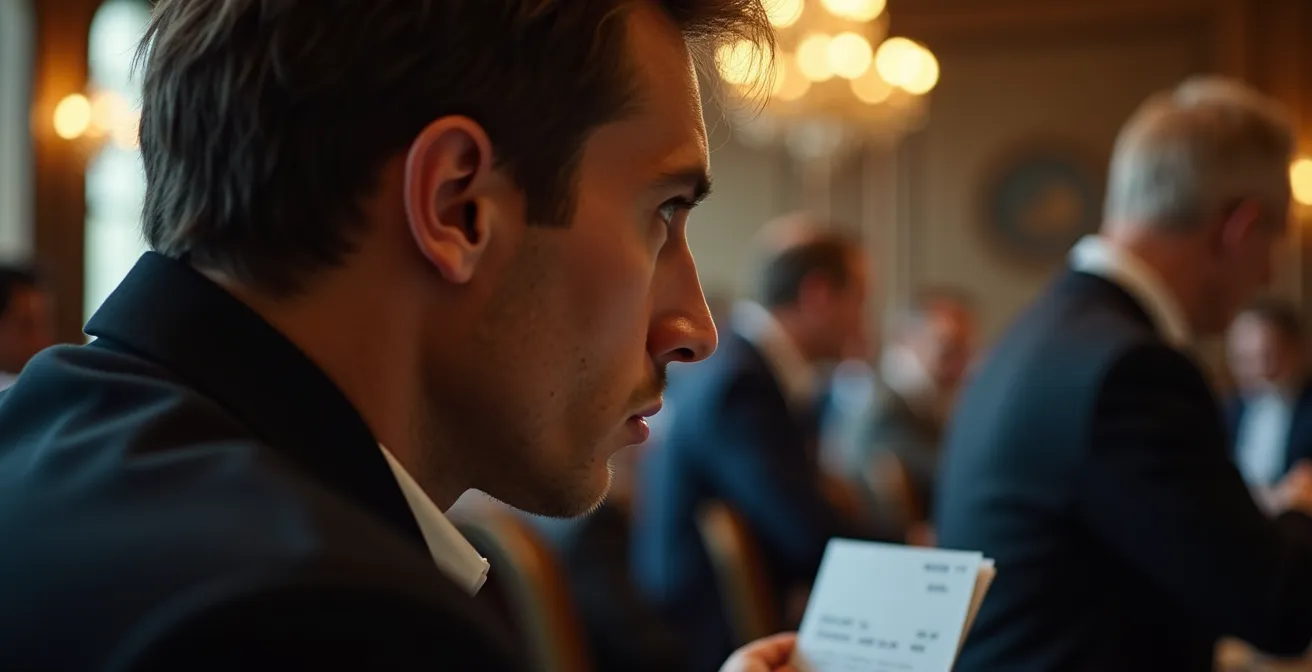 Nahaufnahme eines Bieters mit konzentriertem Gesichtsausdruck während einer spannenden Kunstauktion