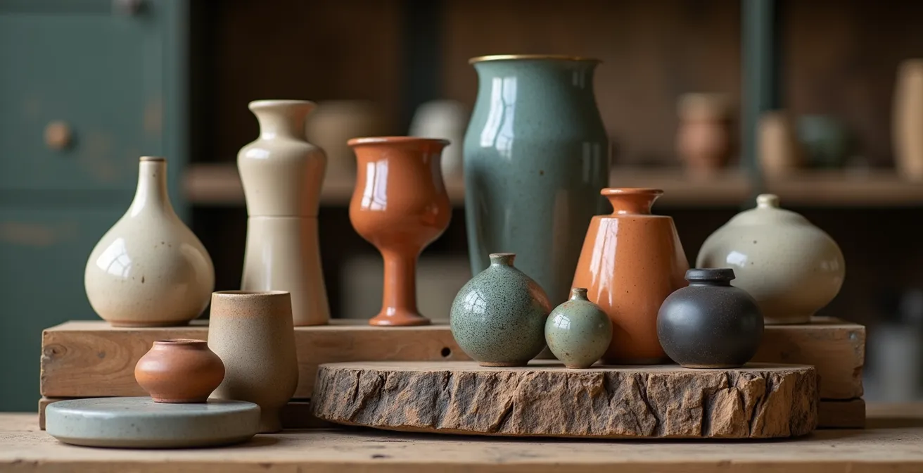 Nahaufnahme verschiedener deutscher Designklassiker aus der Nachkriegszeit auf einem Antikhändler-Tisch