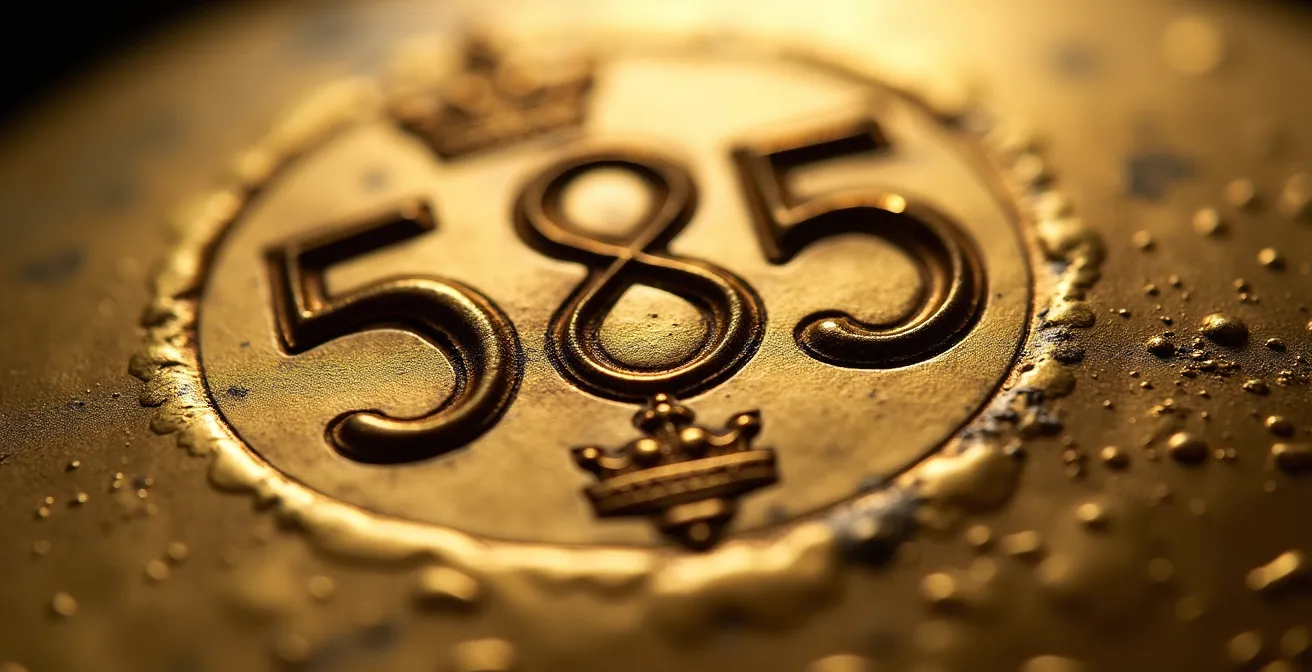 Extreme Nahaufnahme historischer deutscher Punzenstempel auf antikem Goldschmuck