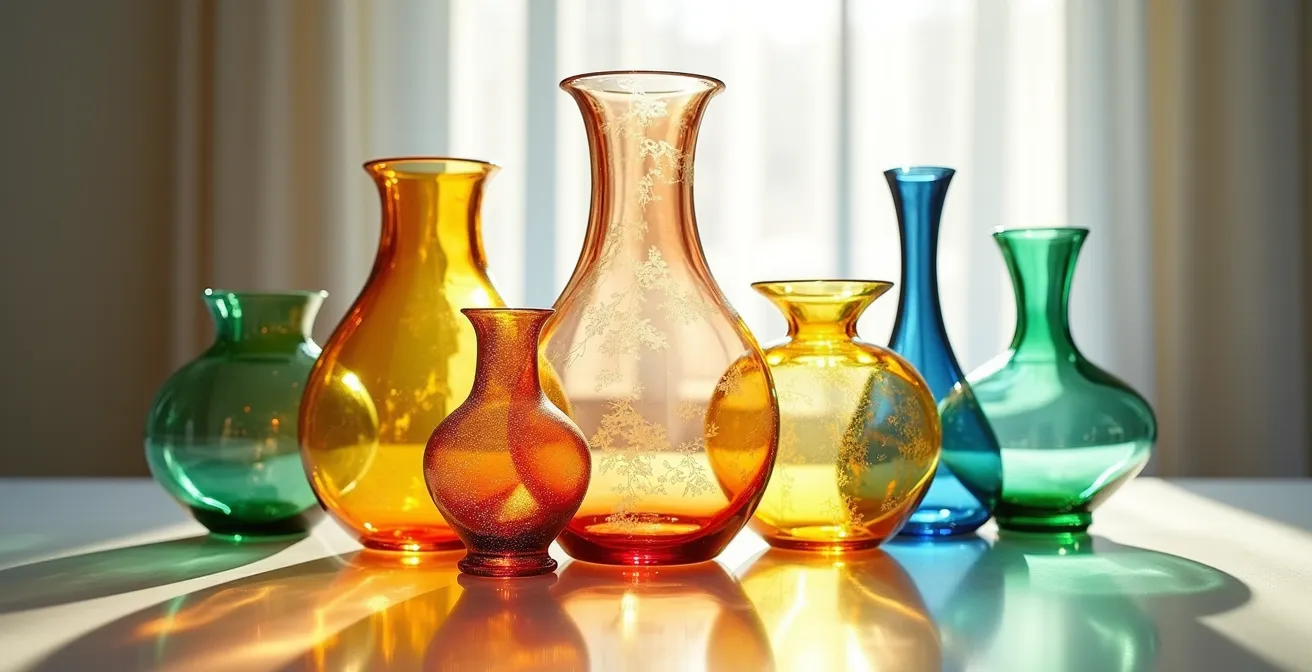 Sammlung deutscher Jugendstilgläser mit Lichtreflexionen und charakteristischen Formen