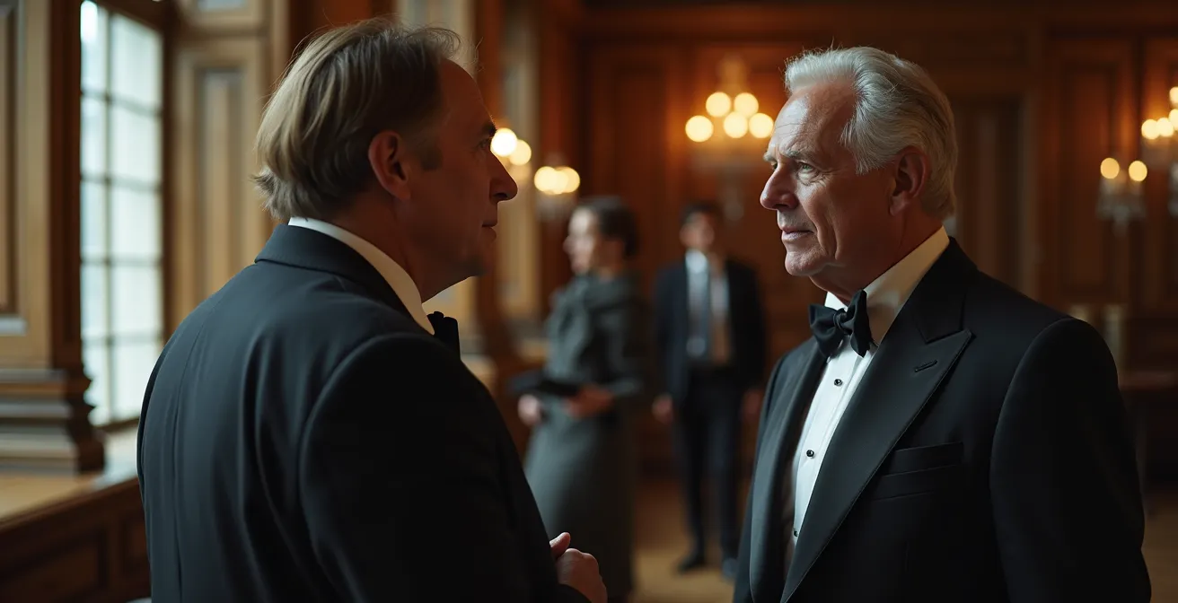 Vertrauliches Gespräch zwischen Sammlern in elegantem Auktionshaus