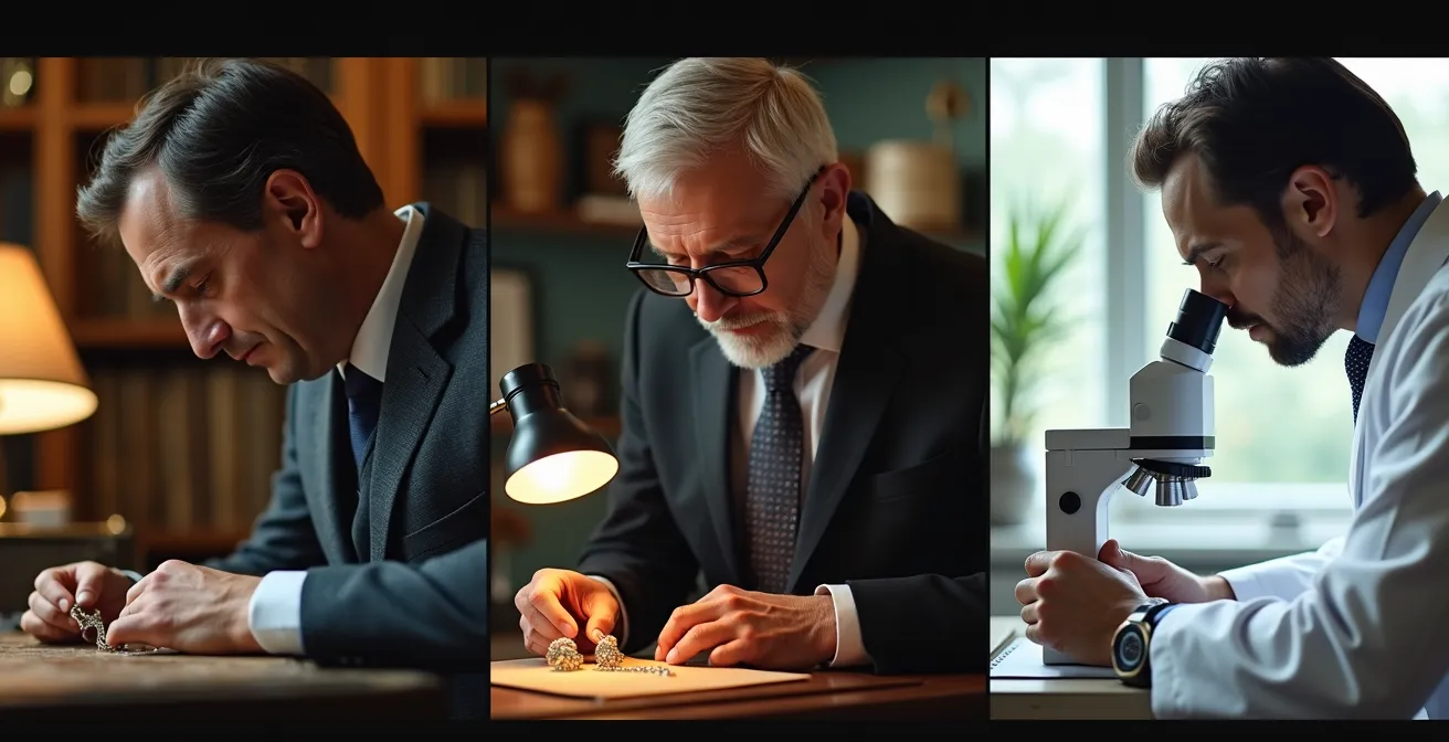 Drei Fachleute untersuchen Juwelen aus verschiedenen Blickwinkeln in einem professionellen Umfeld