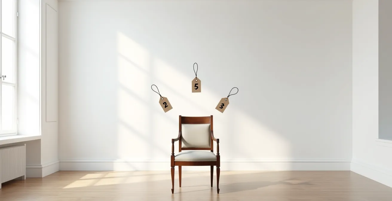 Antiker Stuhl mit drei verschiedenen Preisschildern symbolisiert unterschiedliche Verkaufskanäle