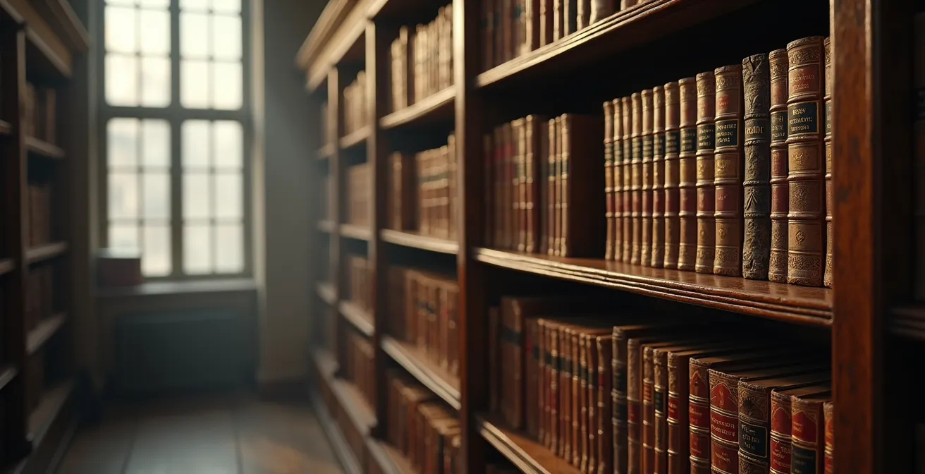Nahaufnahme historischer Erstausgaben in einem antiken Bibliotheksregal, die die Atmosphäre einer Sammlerbibliothek einfängt.