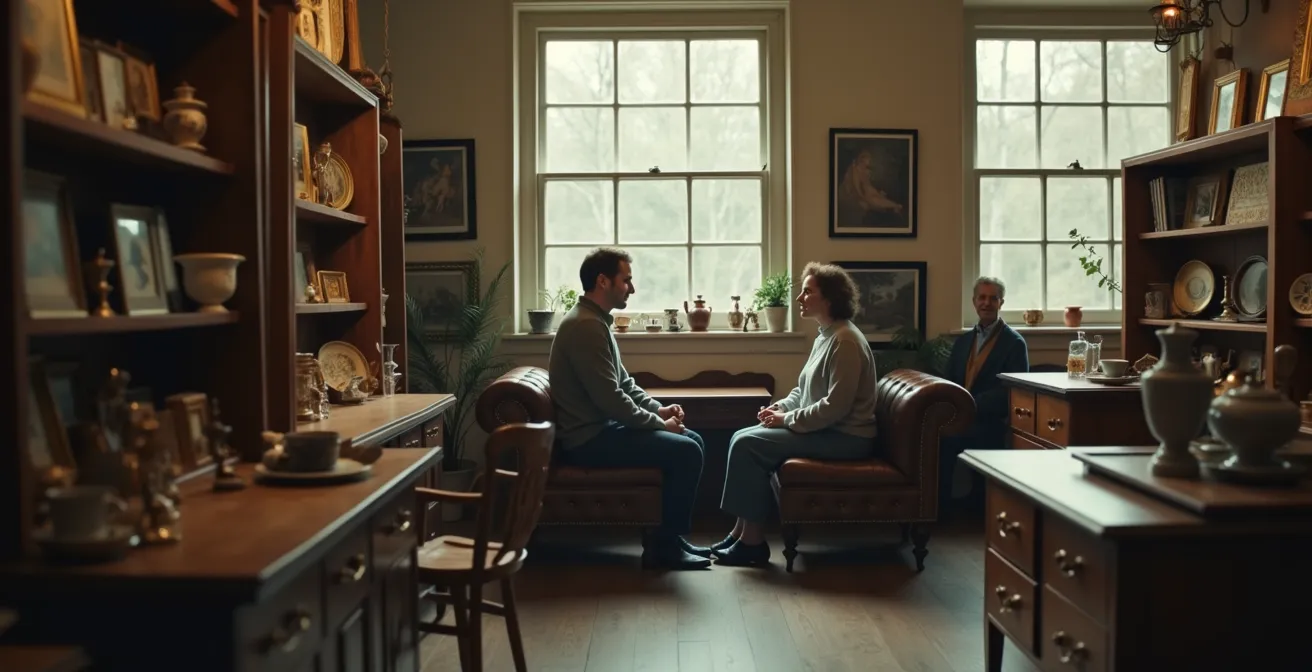 Nahaufnahme zweier Personen im Gespräch über antiken Objekten in warmem Licht