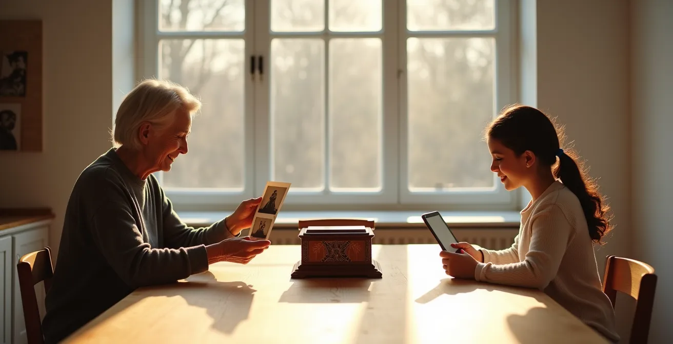 Moderne digitale Dokumentation von Familienerbstücken wird zwischen Generationen geteilt
