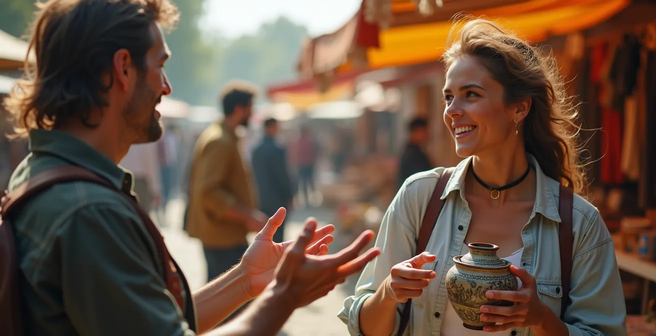 Freundliche Verhandlungsszene zwischen Käufer und Verkäufer auf einem deutschen Flohmarkt