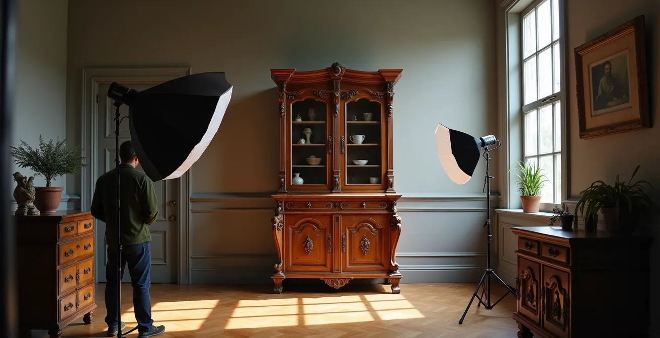 Professionelle Fotodokumentation einer antiken Möbeloberfläche unter verschiedenen Lichtverhältnissen