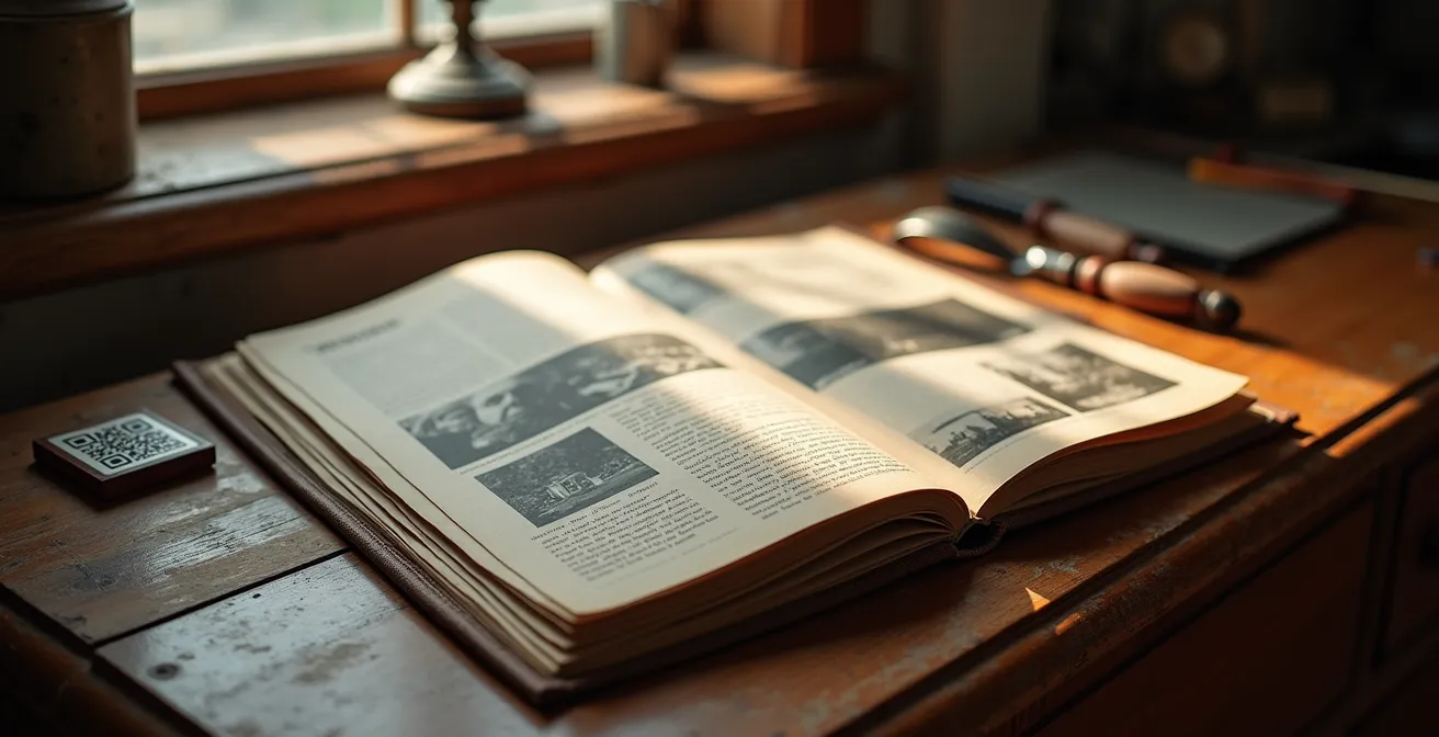 Professionelle Dokumentationsmappe mit Vorher-Nachher-Fotos und QR-Code auf antikem Möbelstück