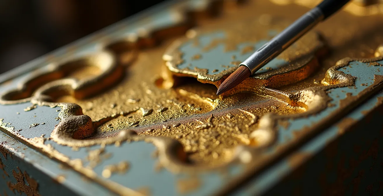 Makroaufnahme einer Freilegung mit sichtbaren historischen Farbschichten an einem Möbelstück