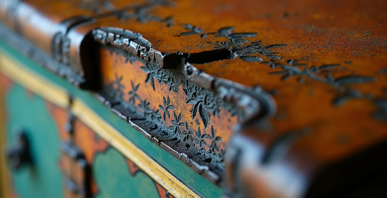 Makroaufnahme einer freigelegten Meistersignatur unter alter Lackschicht