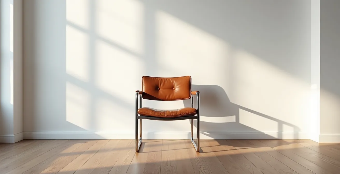 Ein eleganter Bauhaus Freischwinger Stuhl in einem minimalistischen Raum, dessen Schatten verschiedene Preisschilder andeuten, um die Preisvarianz zu symbolisieren.