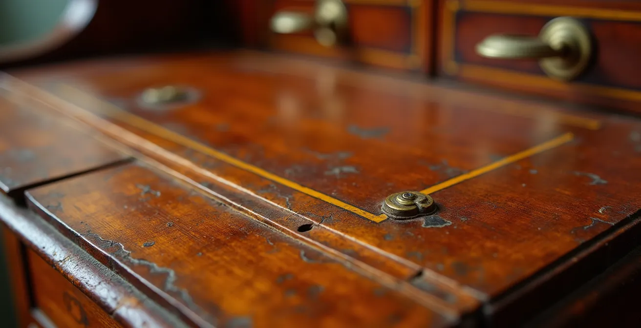 Makroaufnahme historischer Gebrauchsspuren an einem Biedermeier-Sekretär