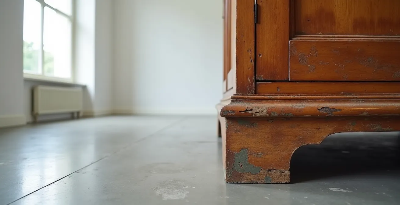 Detailaufnahme zeigt authentische Gebrauchsspuren an antikem Möbelstück