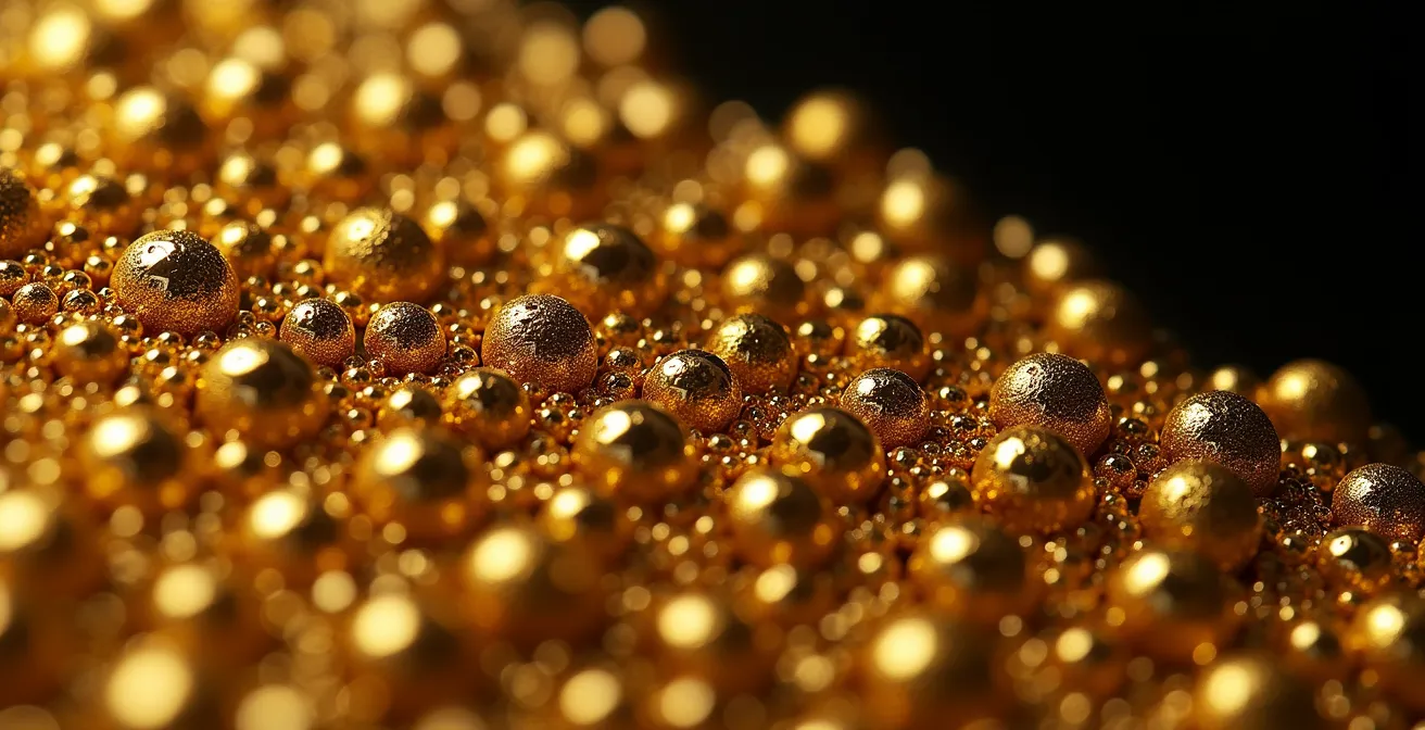 Makroaufnahme der Granulationstechnik mit winzigen Goldkügelchen auf antikem Schmuck