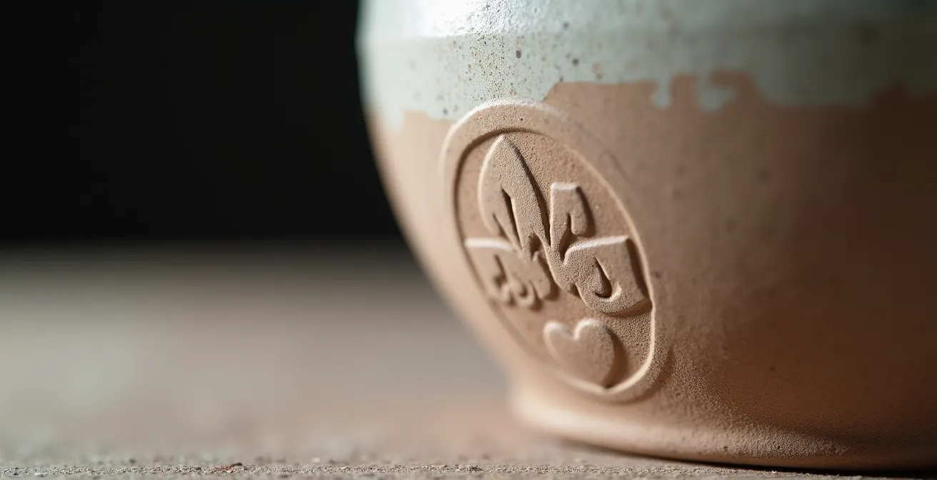 Detailaufnahme einer Keramiksignatur auf handgefertigtem Einzelstück