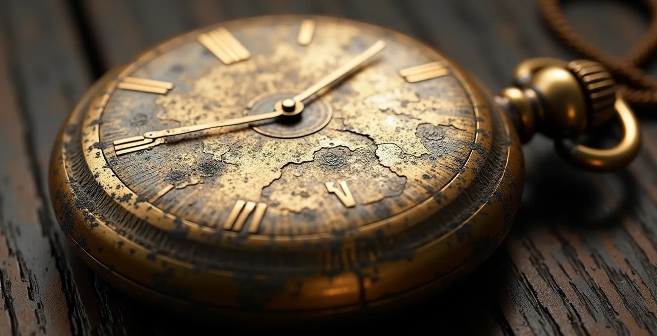 Nahaufnahme einer verwitterten Taschenuhr mit Kratzern und Patina, die deutsche Geschichte widerspiegelt