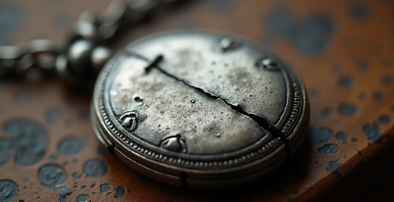 Nahaufnahme eines alten Schmuckstücks mit sichtbaren historischen Beschädigungen