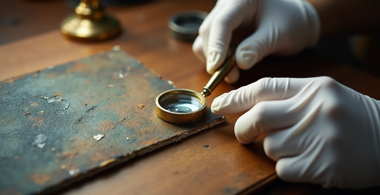 Nahaufnahme von Expertenhänden die mit Lupe ein antikes Gemälde untersuchen