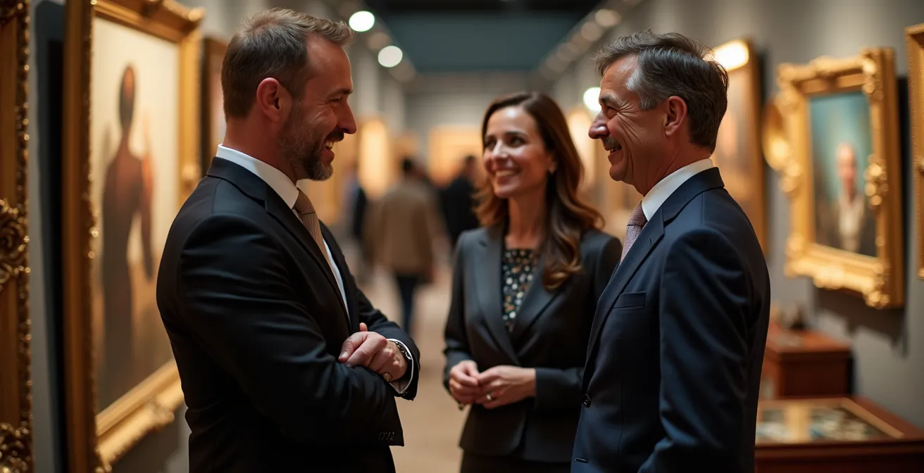 Elegante Händler im Gespräch auf einer internationalen Kunstmesse mit antiken Möbeln im Hintergrund
