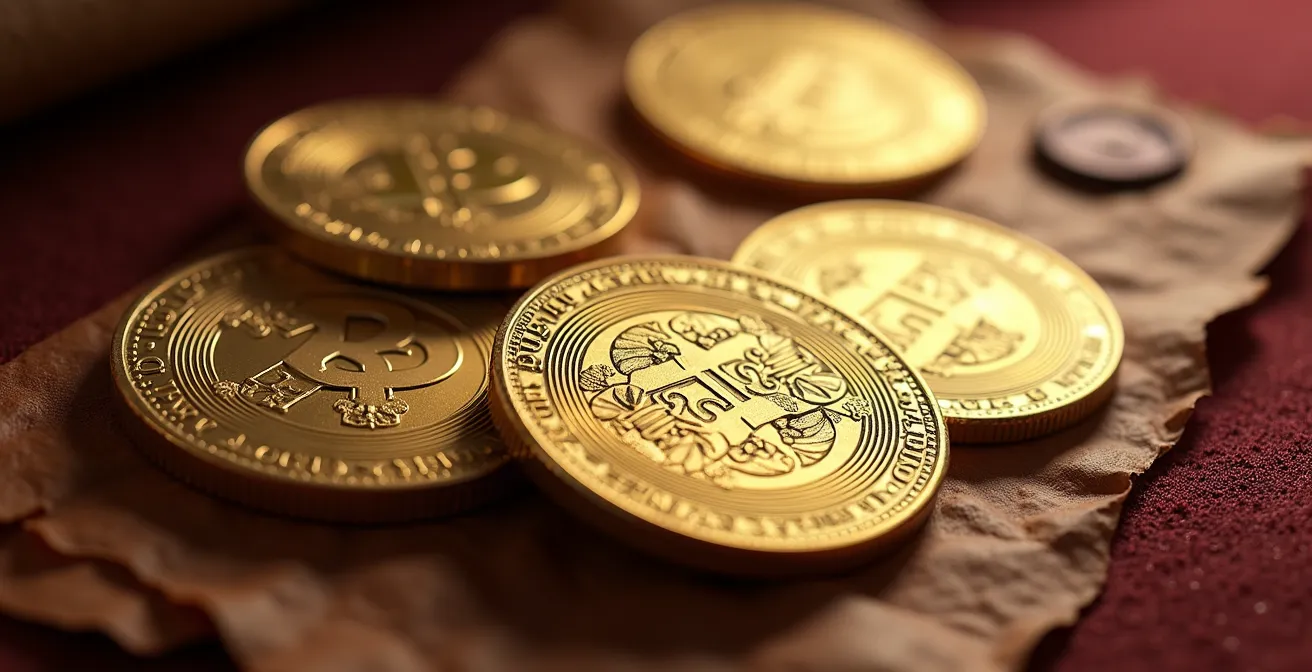 Makroaufnahme von historischen Münzen und Steuerunterlagen mit Goldprägung