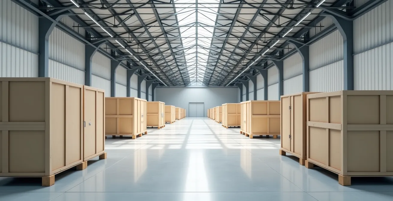 Professionell gefertigte Klimakisten für den Kunsttransport, systematisch in einer sauberen und modernen Lagerhalle angeordnet.