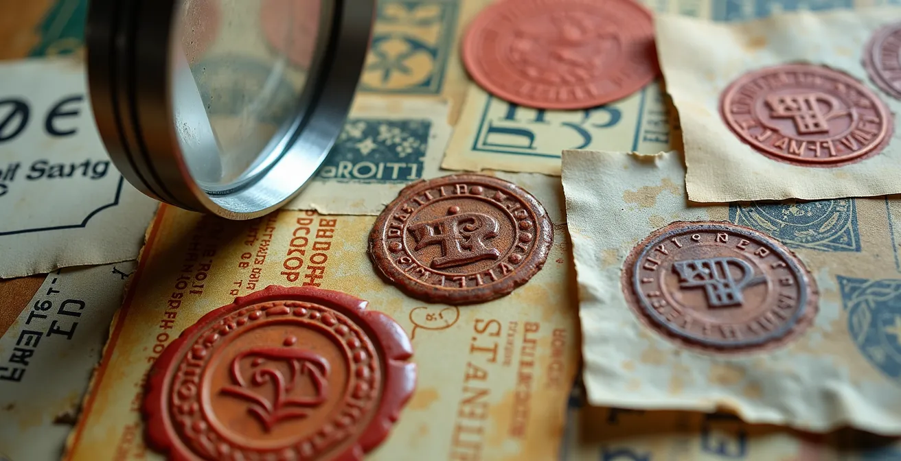 Makroaufnahme historischer Galerieaufkleber und Sammlerstempel auf einer Gemälderückseite