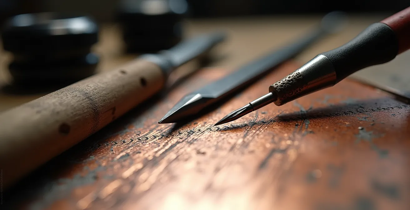 Detailaufnahme historischer Kupferstich- und Radierwerkzeuge auf einer Metallplatte.