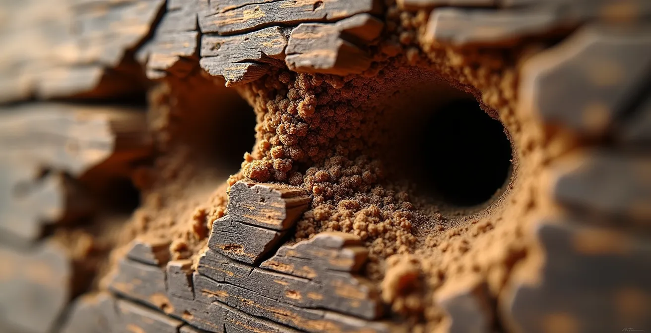 Extreme Nahaufnahme von Fraßgängen des Holzwurms in antikem Holz mit sichtbaren Strukturen
