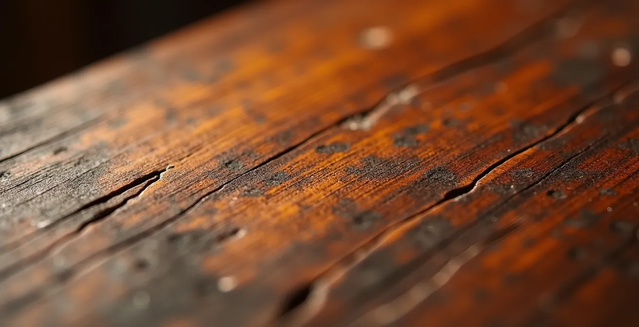 Makroaufnahme einer authentischen Patina auf antikem Holzmöbel