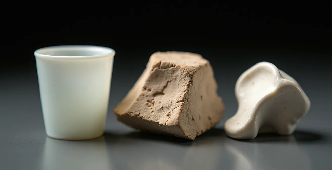 Nahaufnahme verschiedener Keramikarten mit Lichttest zur Unterscheidung der Transluzenz bei Porzellan.