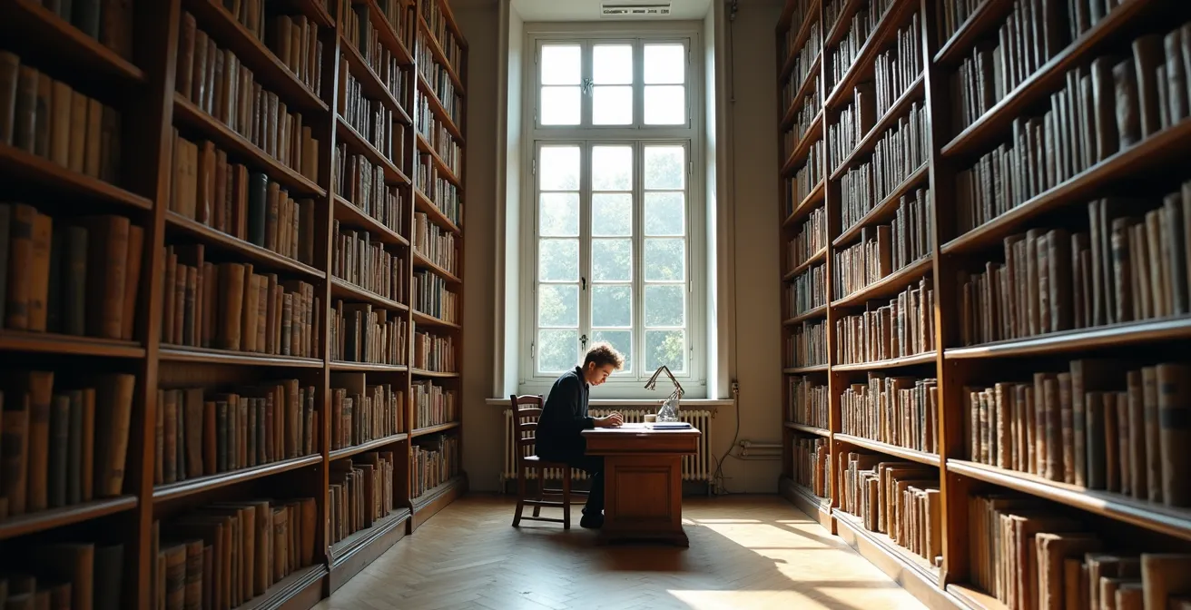 Weitwinkelaufnahme eines Antiquariats mit alten Porzellan-Nachschlagewerken und einem Sammler beim Studium