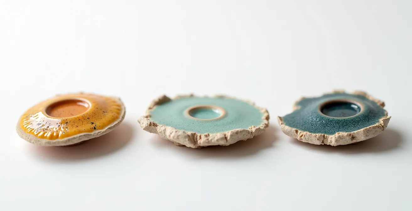 Makroaufnahme eines Keramik-Prototyps mit kristalliner Glasur neben limitierter Edition