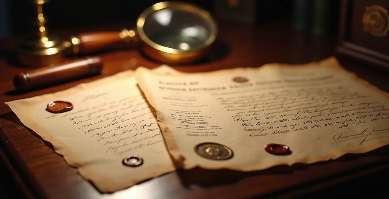 Detailaufnahme historischer Dokumente und Ausfuhrgenehmigungen auf antikem Schreibtisch