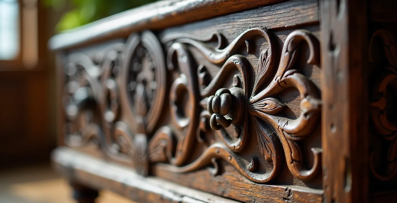 Nahaufnahme einer norddeutschen Bauerntruhe mit regionalen Schnitzereien